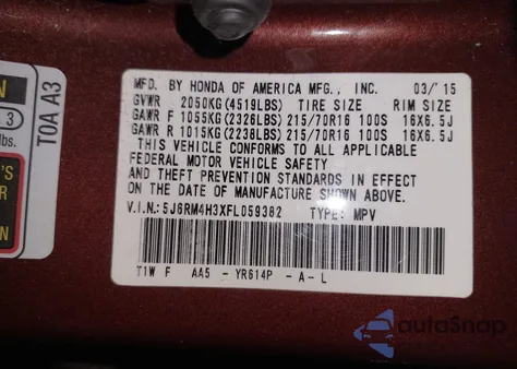 2015 Honda Cr-V Lx из США, поврежденный, VIN 5J6RM4H3XFL059382